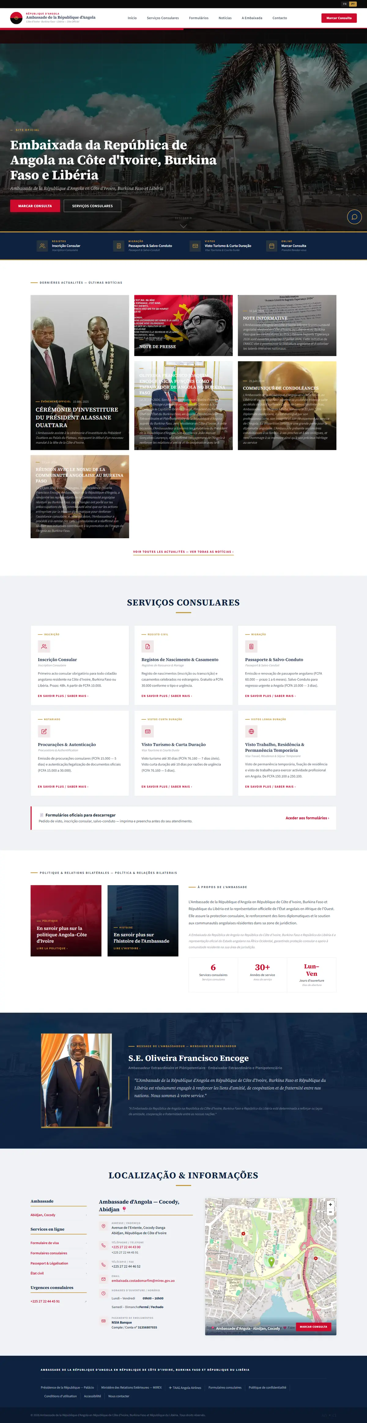 O website da Embaixada de Angola na Costa do Marfim, a deslizar de cima para baixo
