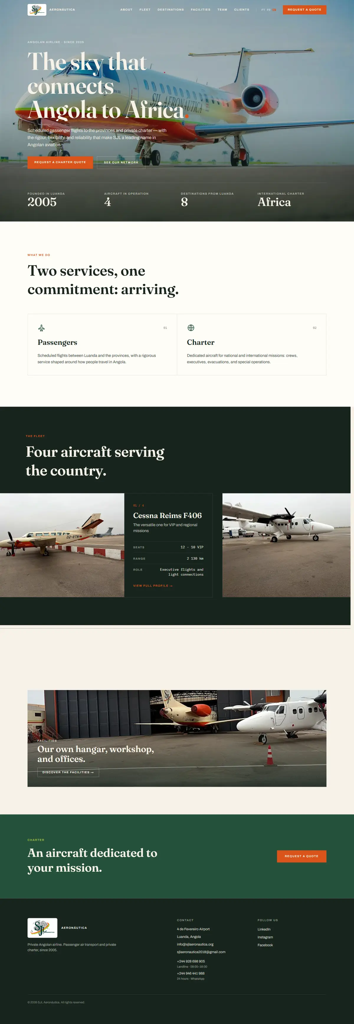 The SJL Aeronáutica website, scrolling from top to bottom