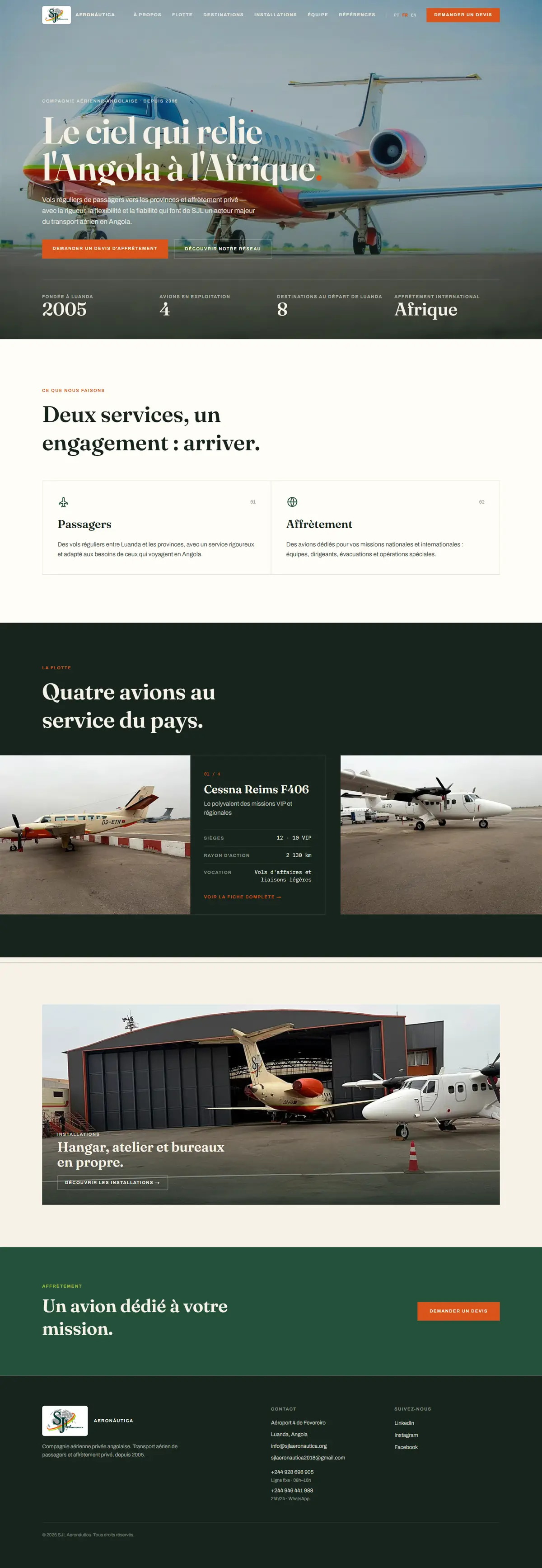 Le site de SJL Aeronáutica, défilant de haut en bas