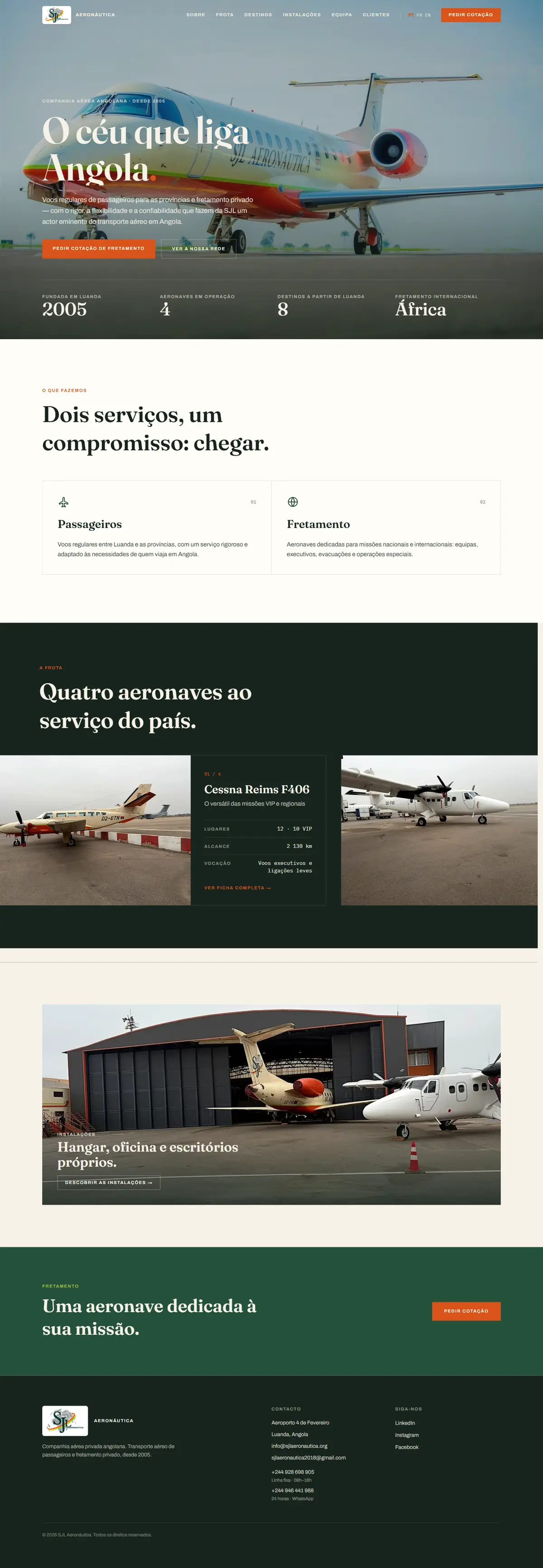 O website da SJL Aeronáutica, a deslizar de cima para baixo